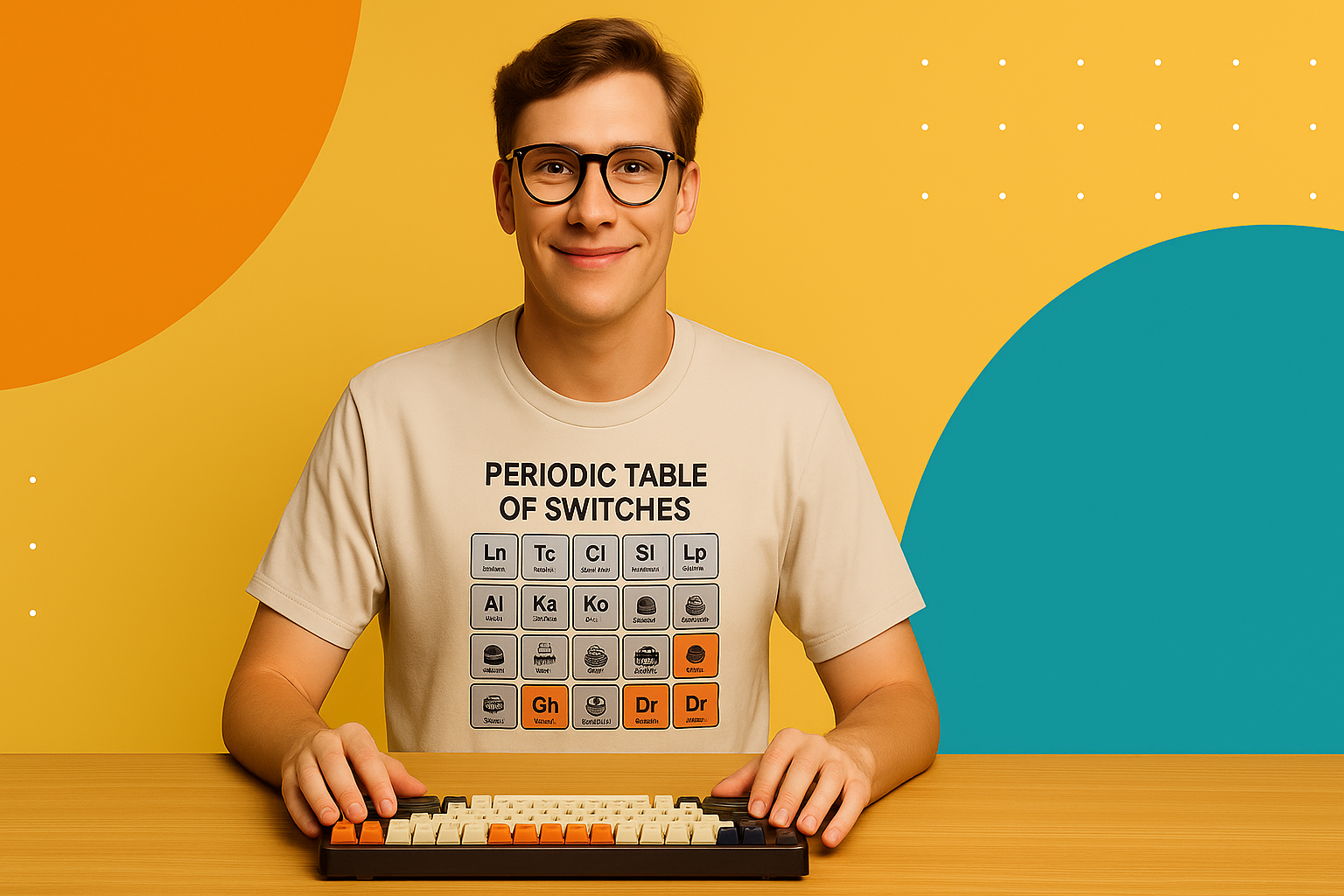 Young man wearing a Periodic Table of Switches T-shirt, sitting at a desk with a mechanical keyboard, on a vibrant yellow and teal background — Caps and Clacks merch hero image.