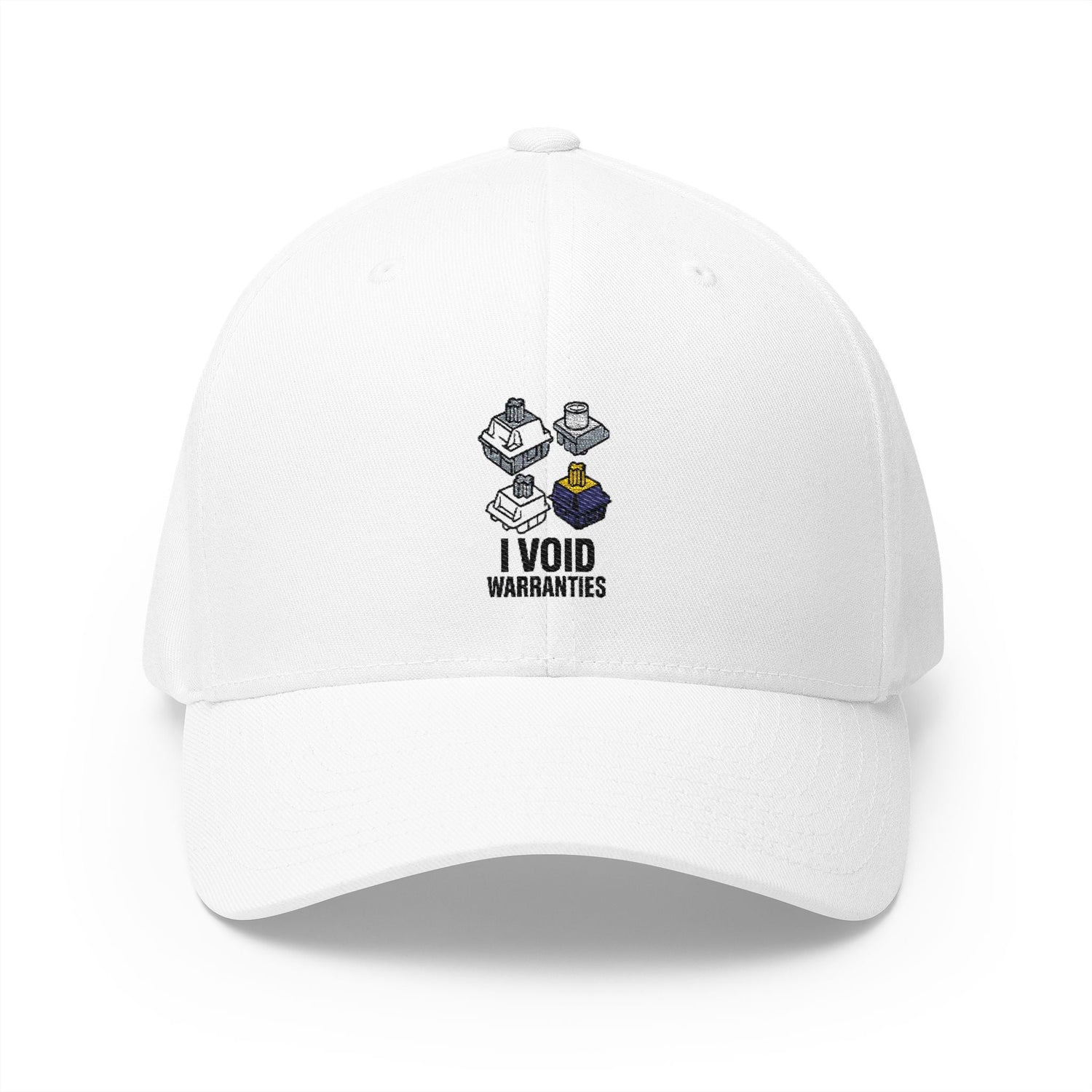 White baseball hat with embroidered mechanical keyboard switch graphic and the phrase “I VOID WARRANTIES,” displayed front-facing on a clean background.