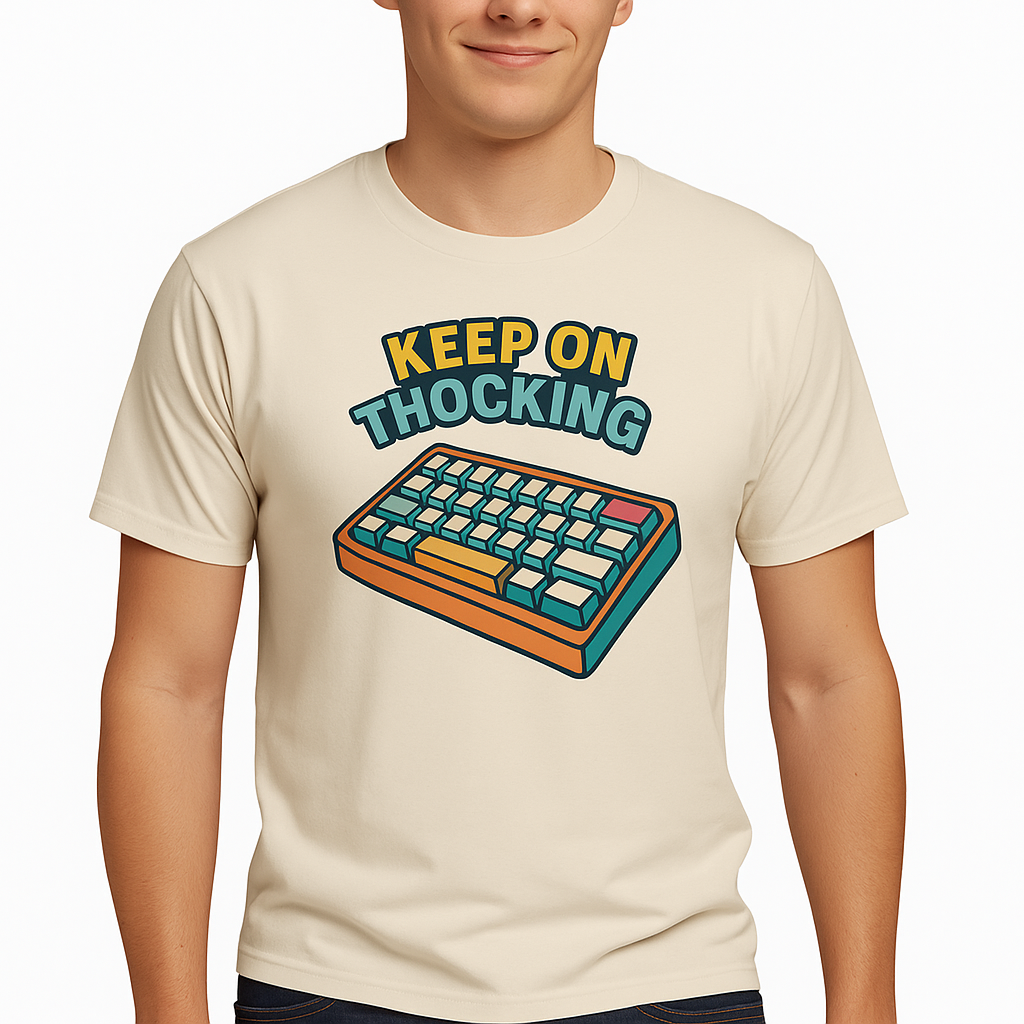Young man wearing a cream-colored T-shirt with the phrase ‘Keep on Thocking’ and a mechanical keyboard graphic, seated casually at a desk setup.
