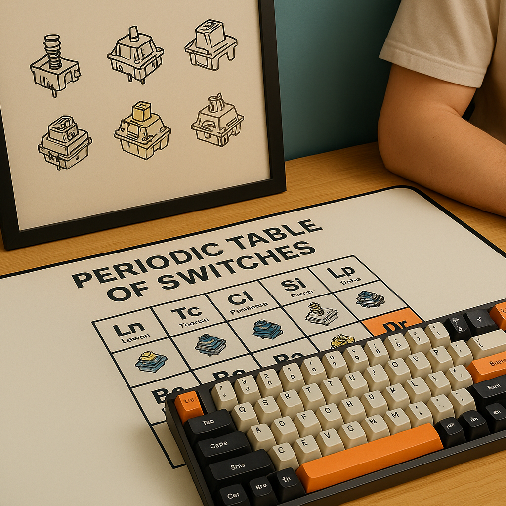 Desk mat and poster print with mechanical keyboard switch chart on a workspace