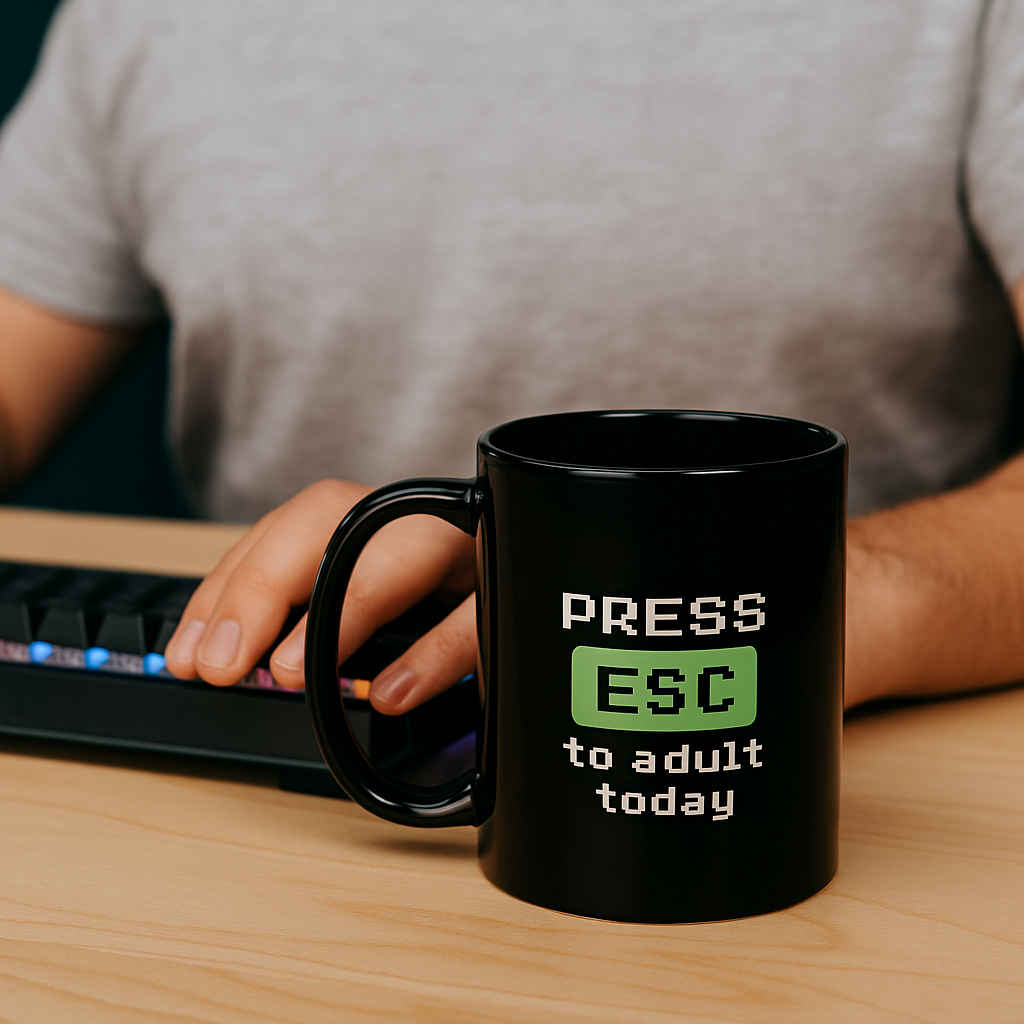 Black coffee mug with pixel-style “Press ESC to adult today” design, placed on a desk beside a mechanical keyboard and modder’s hands.